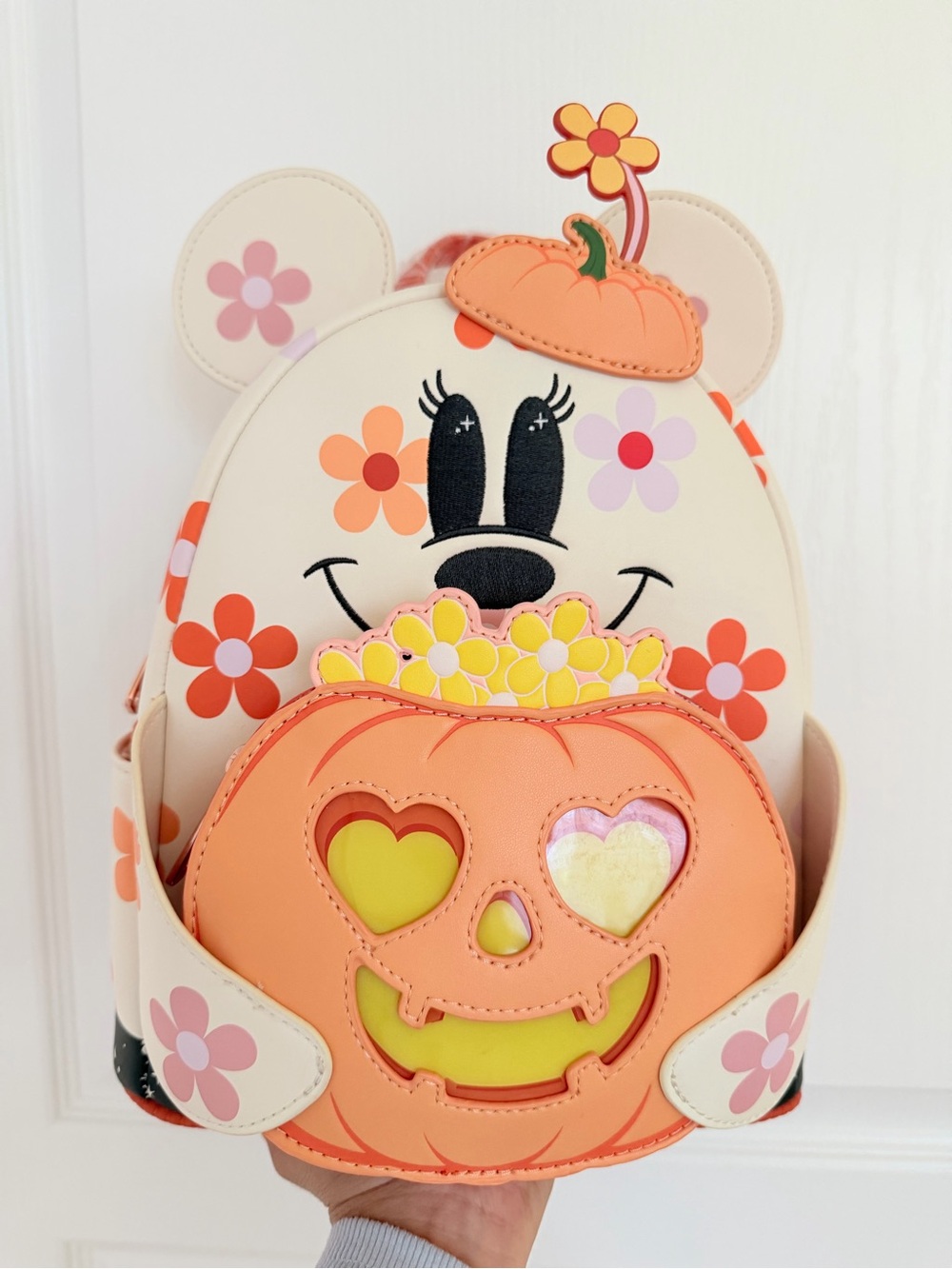 Loungefly Cream Backpack with Orange Pumpkin & Pink Flower Accents